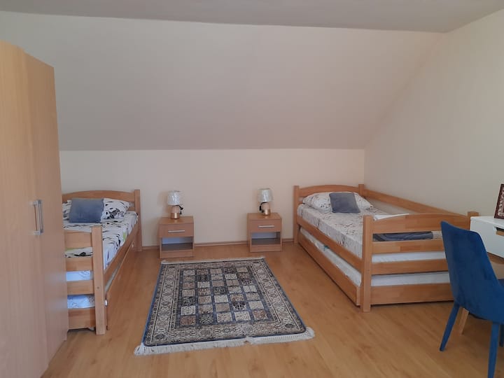 تحتوي غرفة النوم الثانية على سريرين ويمكنها قبول ضيفين  آخرين من السهل السحب من تحت سريرك ليصبحوا سريرين إضافيين  كاملين، ويمكن لأربعة ضيوف النوم في هذه الغرفة مع إقامة مريحة،ونحن نقدم بنك أريكة وطاولة وكرسي...