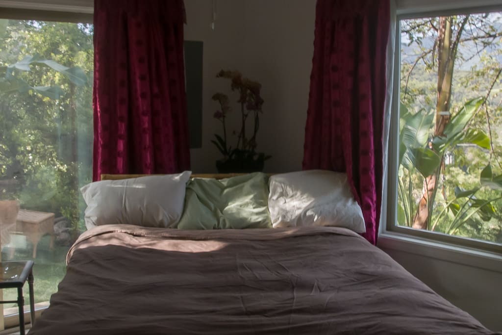 Lots of light, beautiful views, sliding doors to outside, to the left.