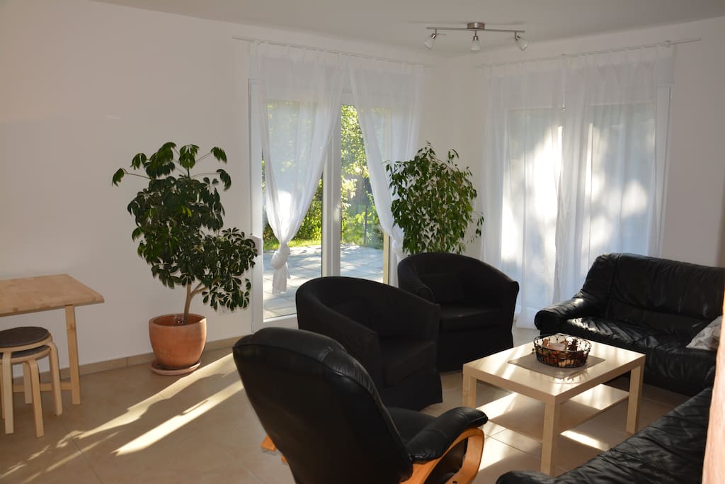 Blick in den großzügigen Wohnbereich (zugleich Essensbereich) mit direktem Zugang zur Küche und zur Terrasse