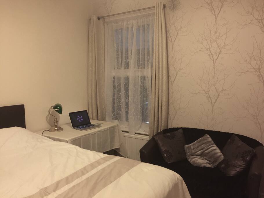 Work space/desk suitable for laptop as illustrated,
small club sofa