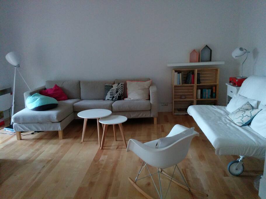 salon ouvert avec 1 canapé lit 2 places