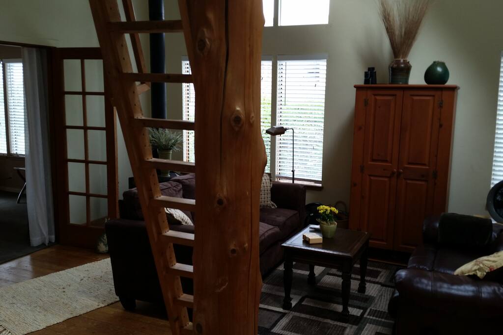 Living Room area which shows ladder to loft bedroom area.