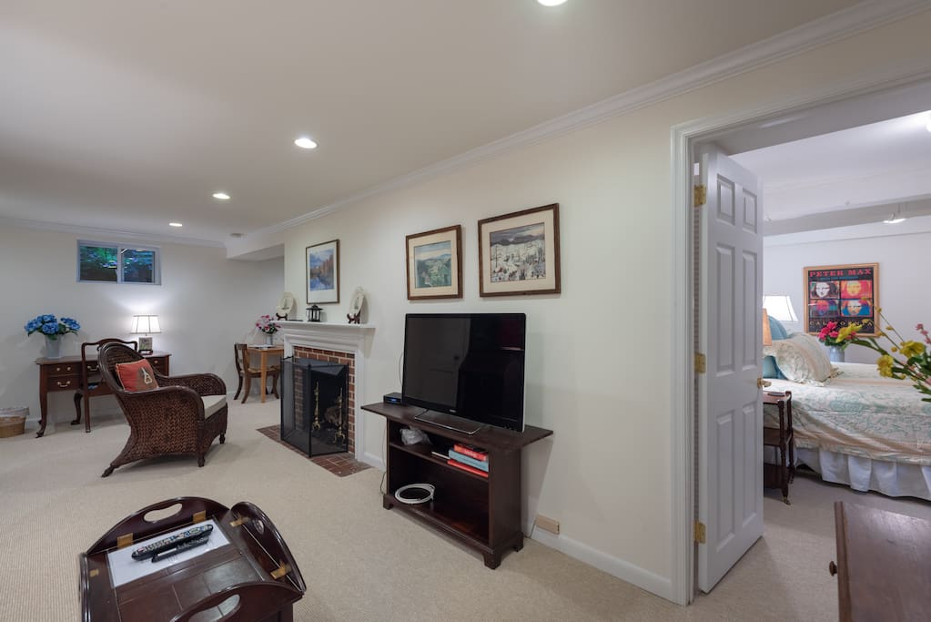 Living room with 42 inch flat screen TV and fireplace