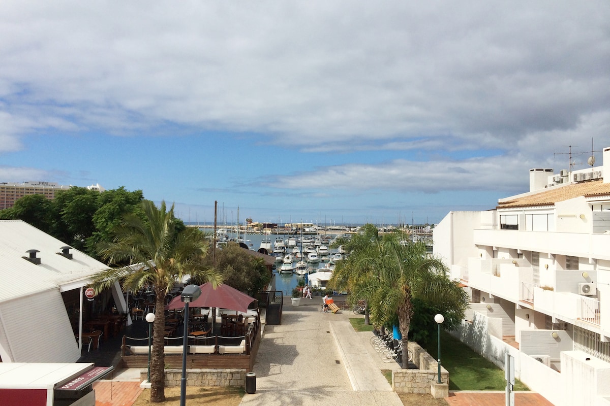 A serene view of the marina is presented, featuring various boats gently bobbing in the water. Palm trees line the walkway, which connects dining areas to the harbor. Light clouds drift across the sky, adding texture to the scenic landscape.