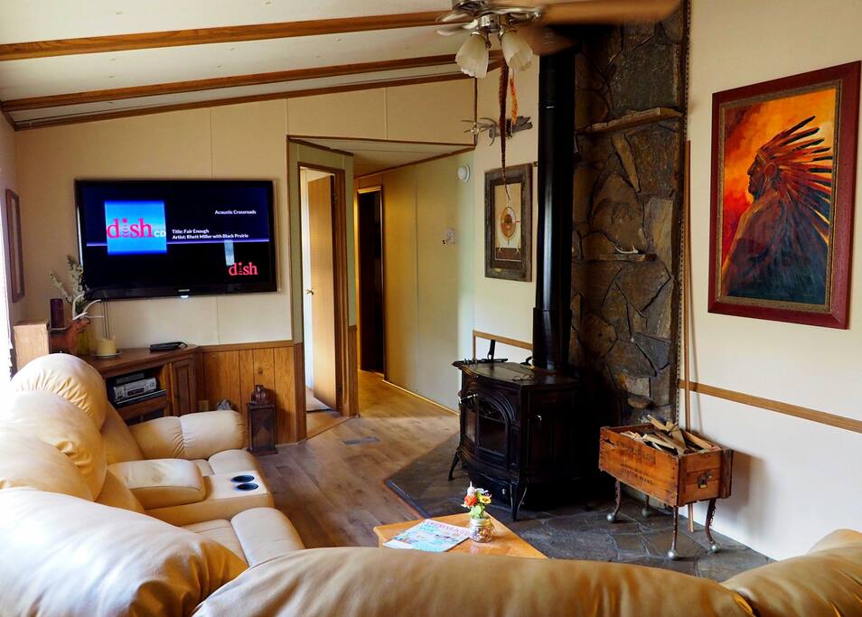 Living Room 55" TV, wood burning stove