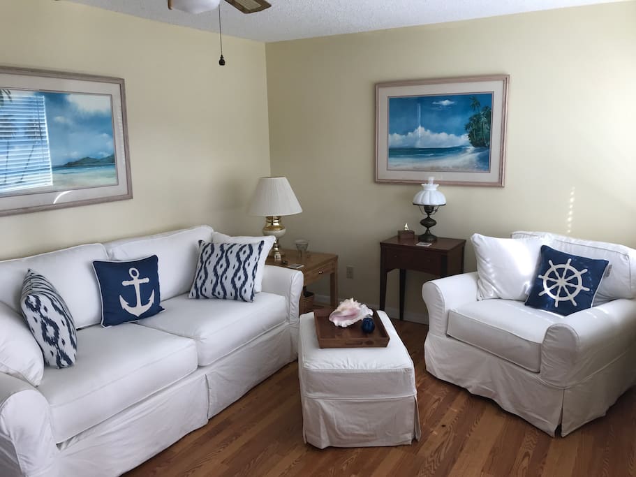 Comfy queen sofa bed. Put your feet up in the big chair with ottoman.