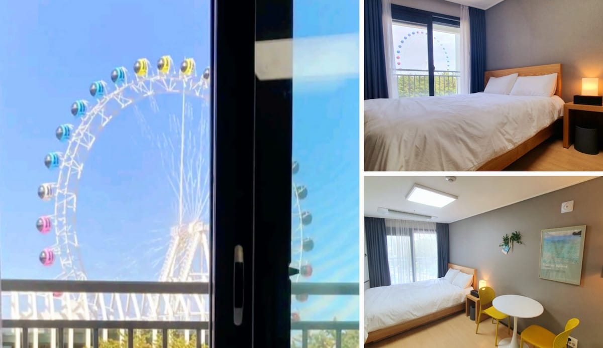 Sängen i boendet! Balkong♡! Du kan se pariserhjulet i Sokcho Eye. 
# Sokcho # Travel # Accommodation is Yogi! 