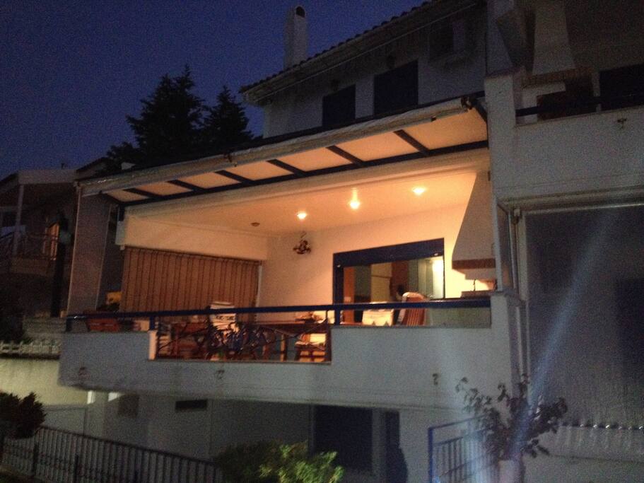Beach house at night
