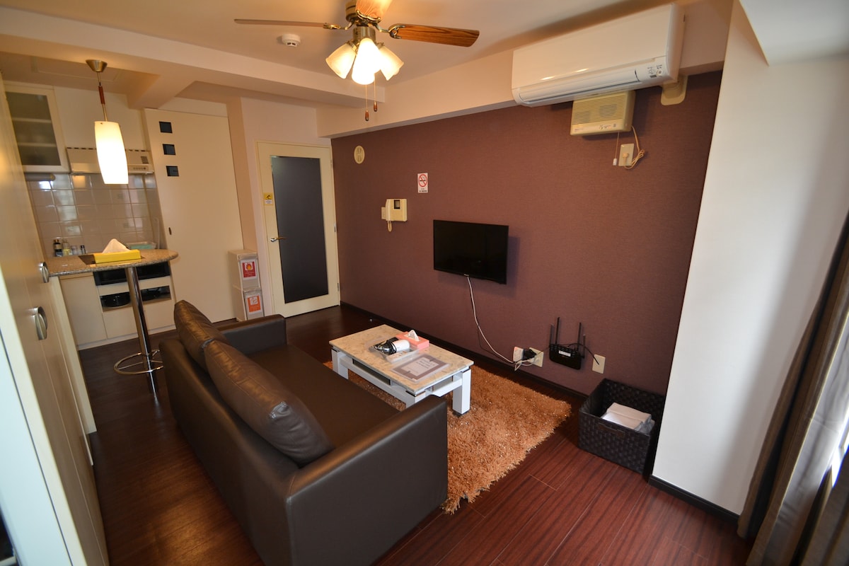 A spacious living area is equipped with a brown leather sofa facing a wall-mounted television. A coffee table is positioned on a plush rug, and the room features an air conditioning unit mounted on the wall. The kitchen area is visible in the background, organized and inviting.