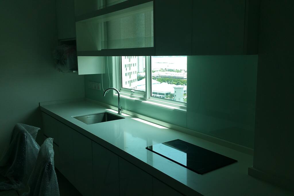 Kitchenette with stove and microwave oven