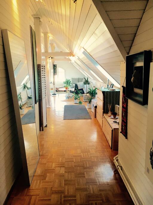 Entry : Living room on the left and kitchen and bedroom on the right