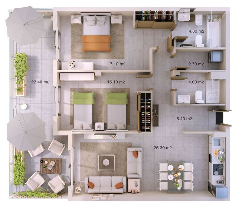 De indeling van ons appartement. Dit is een getekende versie die lichtelijk afwijkt van het echte.