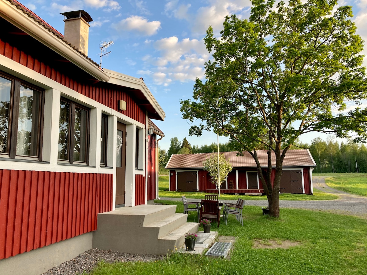 A two-story wooden house with a rustic red exterior features a set of steps leading to the entrance. Outdoor seating is arranged around a table on the grassy area, complemented by a nearby tree. A guest cottage is visible in the background, set against a serene landscape.