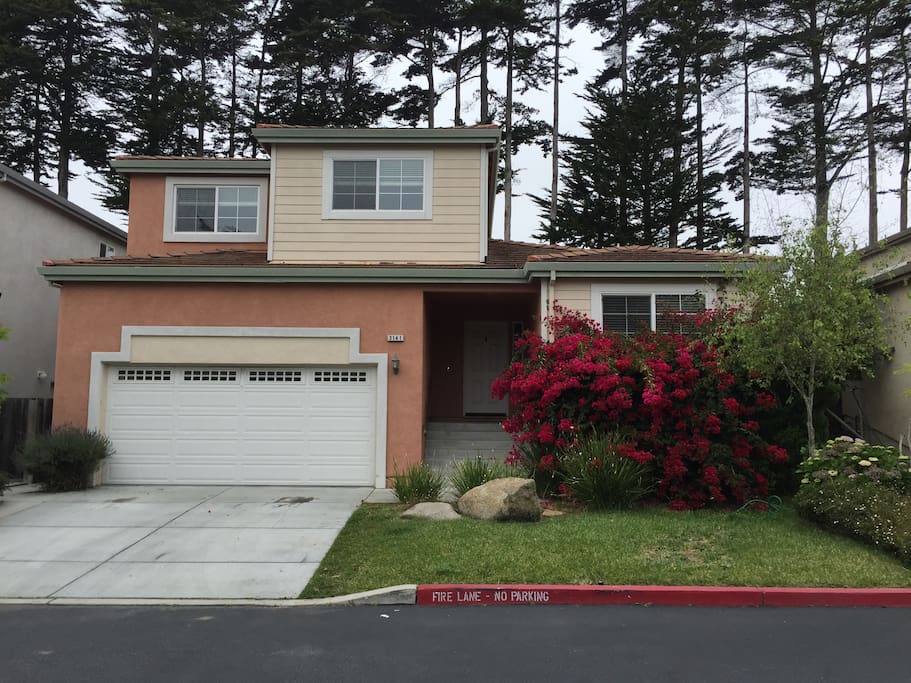 The front of the house, completely refurbished in June 2016, brilliant bougainvillea and tree lined backyard.