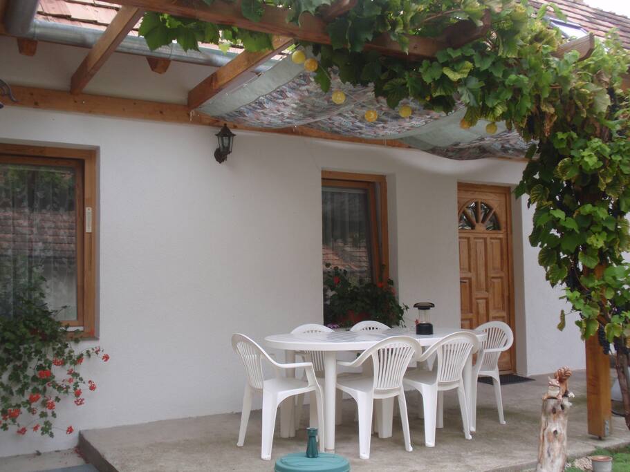 La terrasse plein sud sous la pergola.