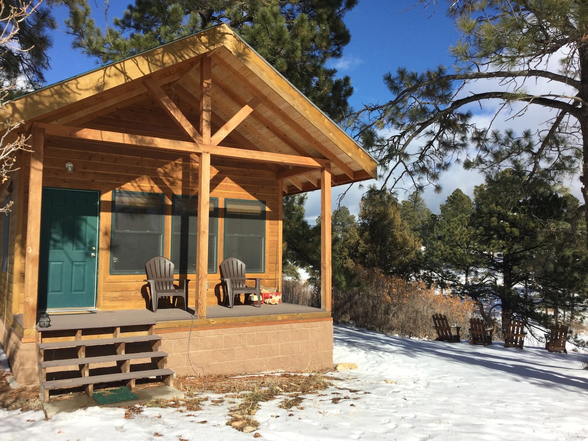 The cabin's exterior showcases a wooden façade with a sloped roof, framed by tall pine trees. A sheltered front porch features two dark chairs positioned invitingly. Snow blankets the ground, hinting at a serene winter setting. A small set of steps leads to the cabin's entrance.