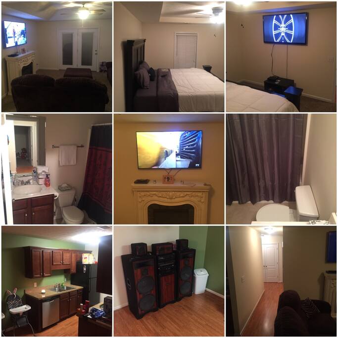 Hard Wood Floors in the hallway, plush carpet in the rooms, 60" TVs mounted on the walls in each room.