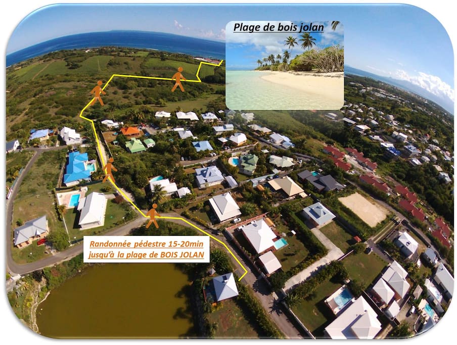 Trajet à pied du Bungalow à la plage la plus proche