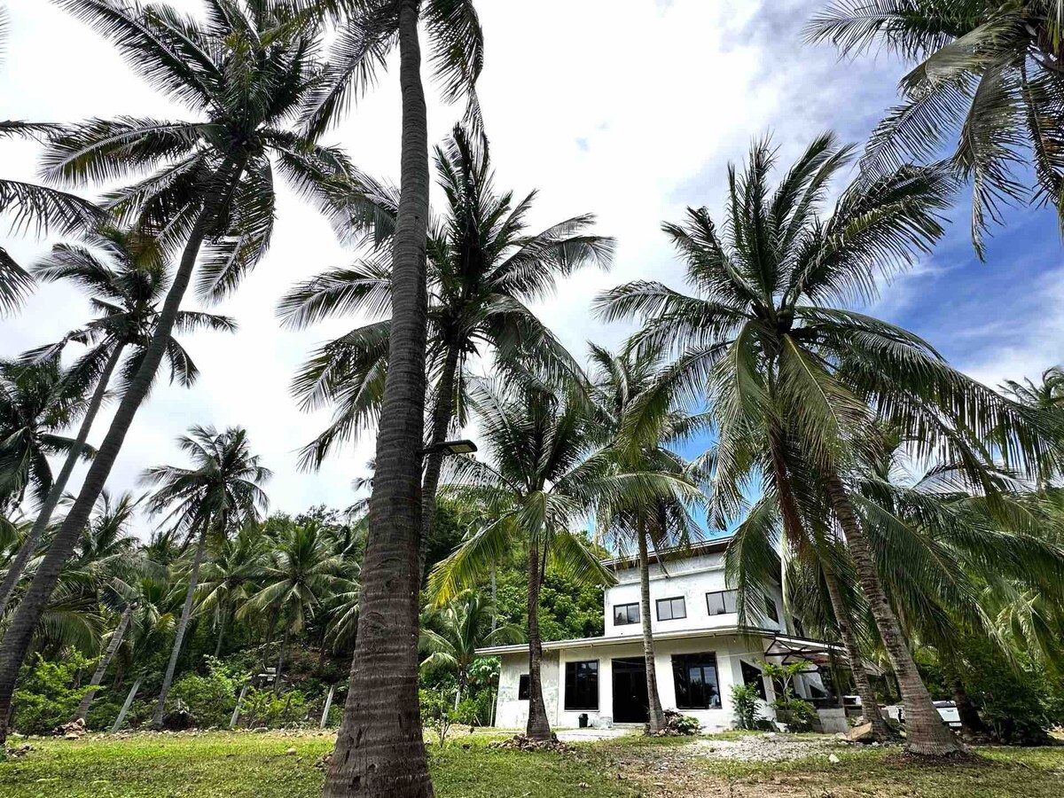 The private villa is framed by tall coconut trees, set within lush greenery. A clear sky with scattered clouds offers a bright backdrop, while the villa’s architecture is highlighted beneath the tree canopy.