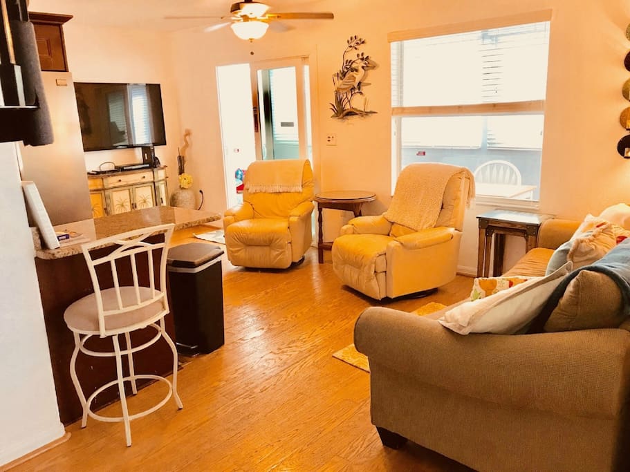 Our living area with new couch and two new chairs not shown, WIDE screen TV and DVD too! WiFi, unlimited calling anywhere in USA and Canada!