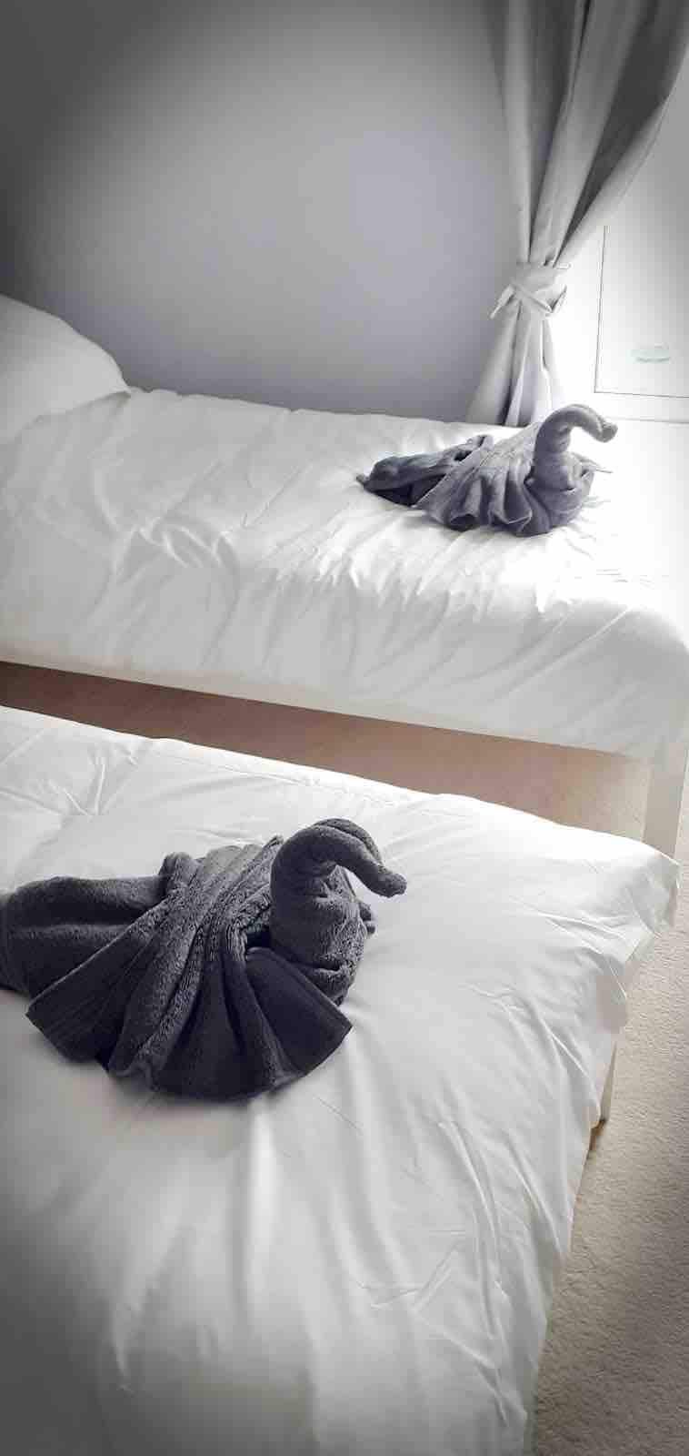 Two beds are dressed in crisp white linens, showcasing towel sculptures shaped like swans at their center. Soft natural light filters through the curtains, highlighting the clean and modern design of the sleeping area.