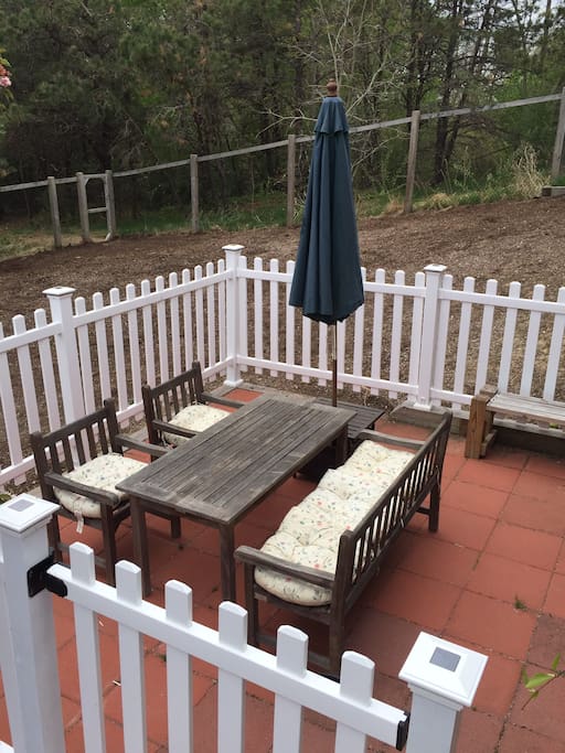 Teak table, chairs, umbrella, BBQ grill.