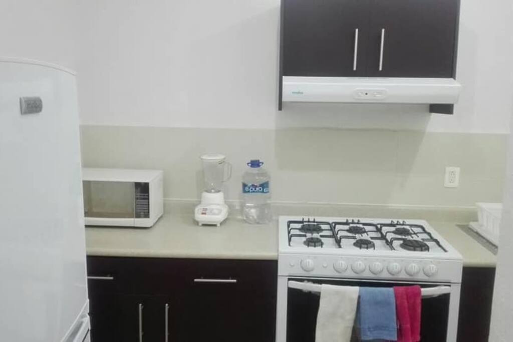 Cocina integral con refrigerador y microondas