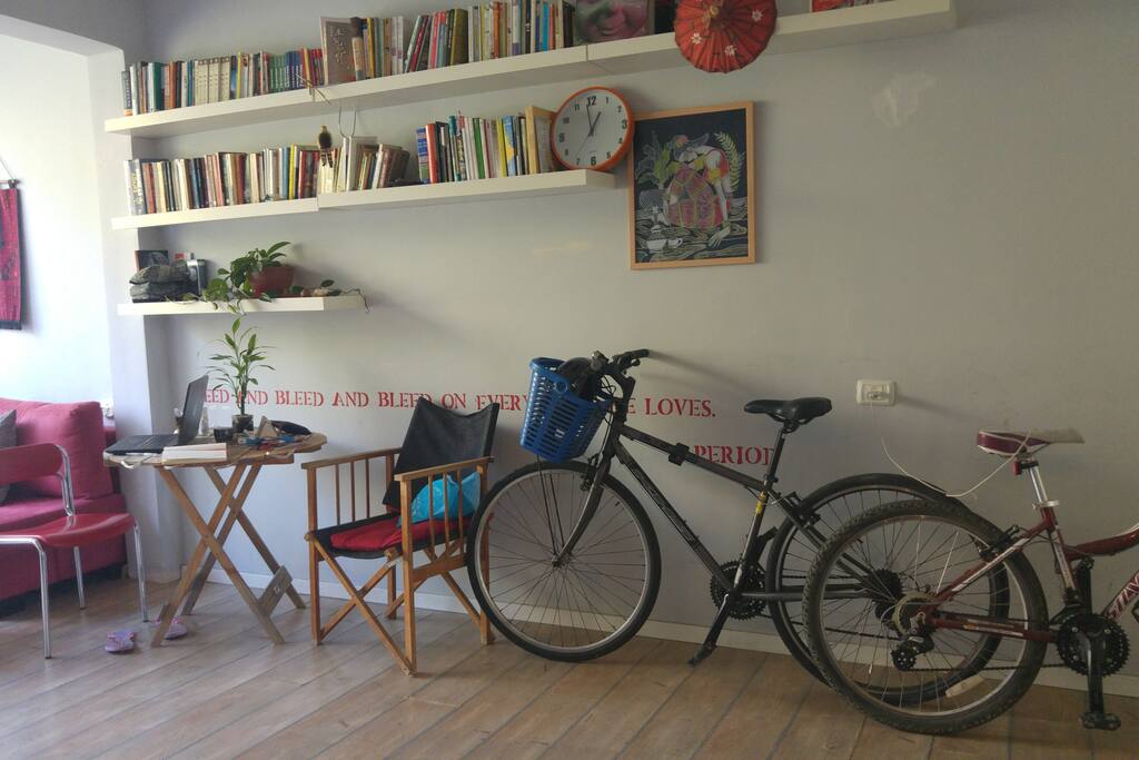 Library full of feminist, politics , poetry books (arabic, hebrow, chiness and english) 2 bikes for your use