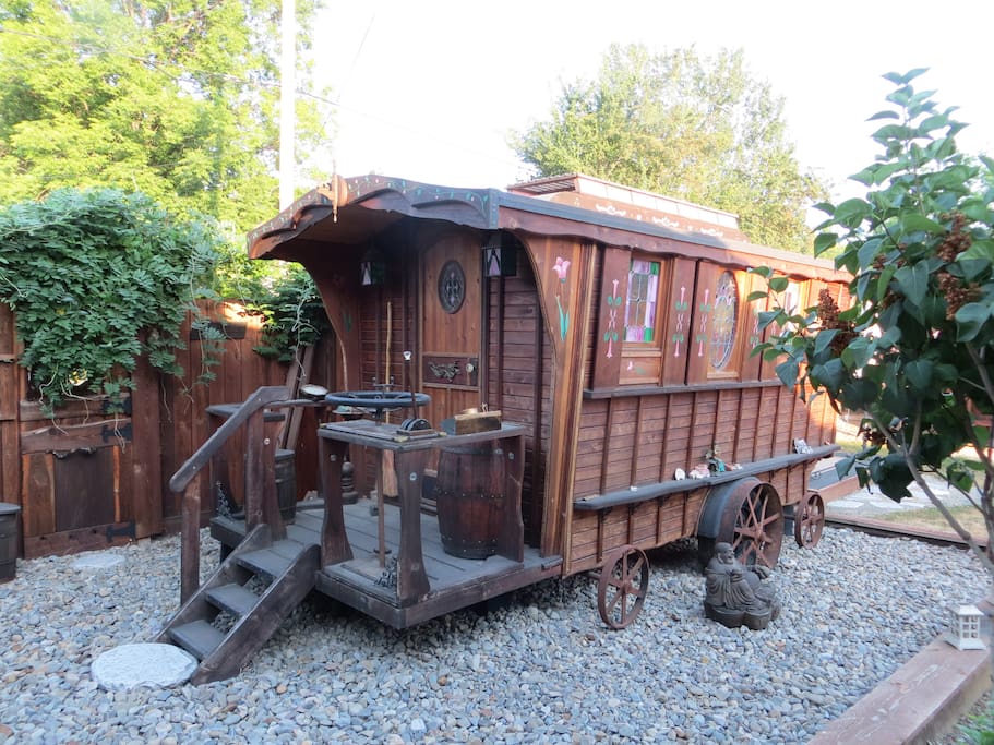 Hand built gypsy wagon that can be made available for extra sleeping space