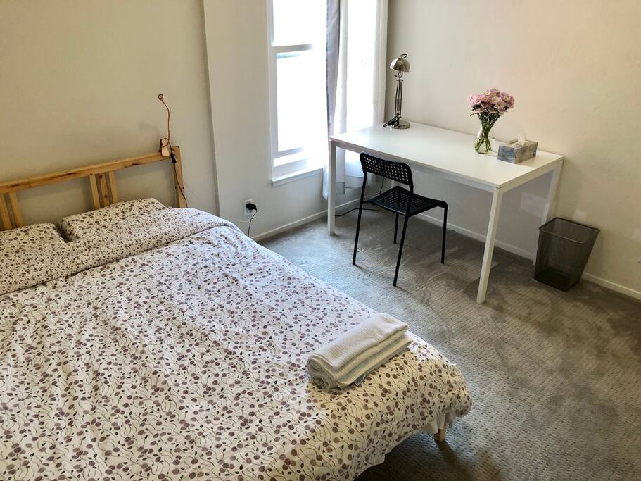 private room with full size bed + desk + walk in closet