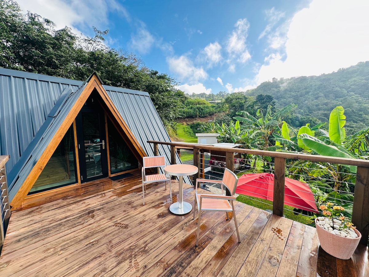 A private terrace features wooden decking and modern furniture, including a small round table with two chairs. Lush greenery and distant hills are visible, creating a serene outdoor space. The sloped roof adds character to the chalet, complementing the natural surroundings.