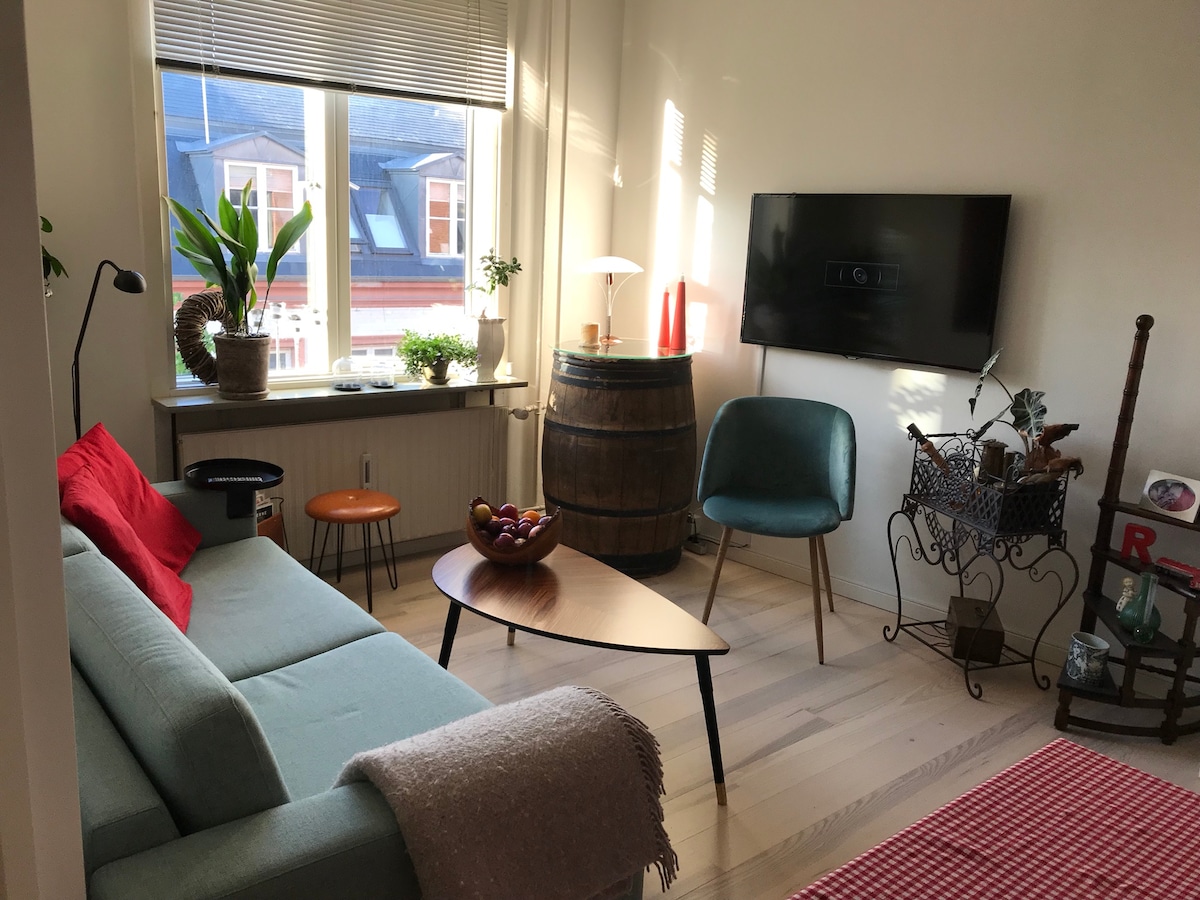 The living room features a comfortable sofa with a throw blanket, paired with a decorative coffee table. A television is mounted on the wall, and a barrel adds a rustic touch. Natural light fills the space through large windows, complemented by various indoor plants.