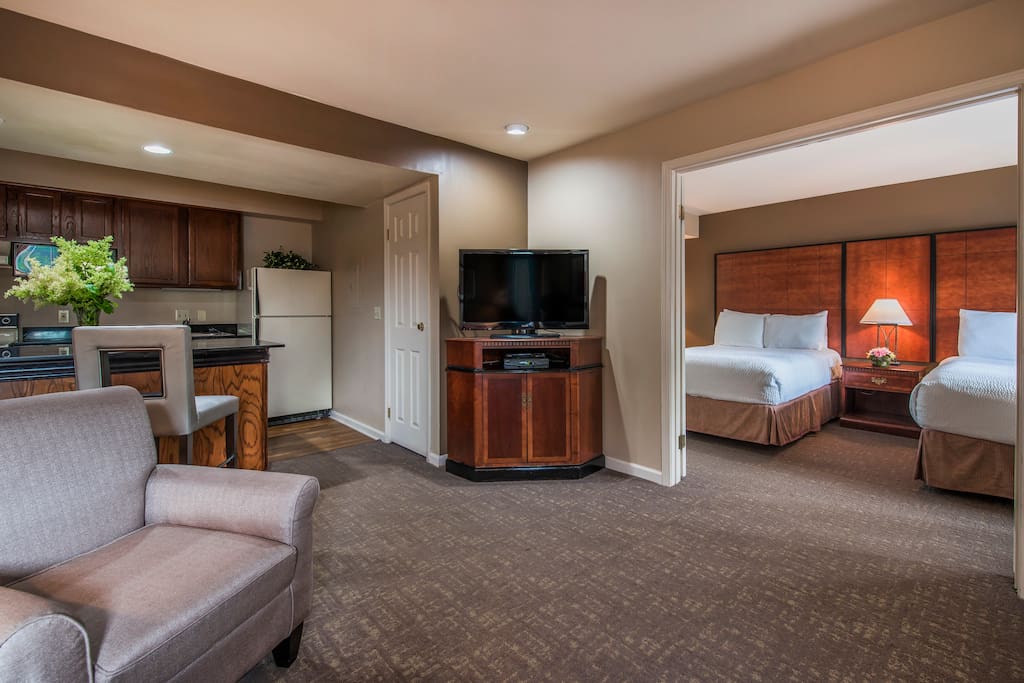 An inviting living room with a pullout sofa and full kitchen