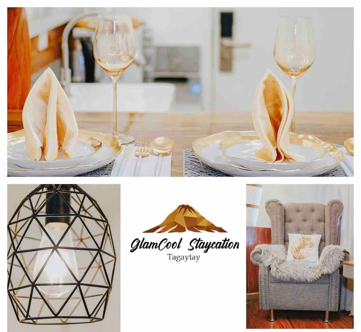 A stylish dining setup is displayed with neatly arranged plates and elegant wine glasses. A modern light fixture complements the space, while a cozy armchair adorned with a decorative throw adds warmth to the area.