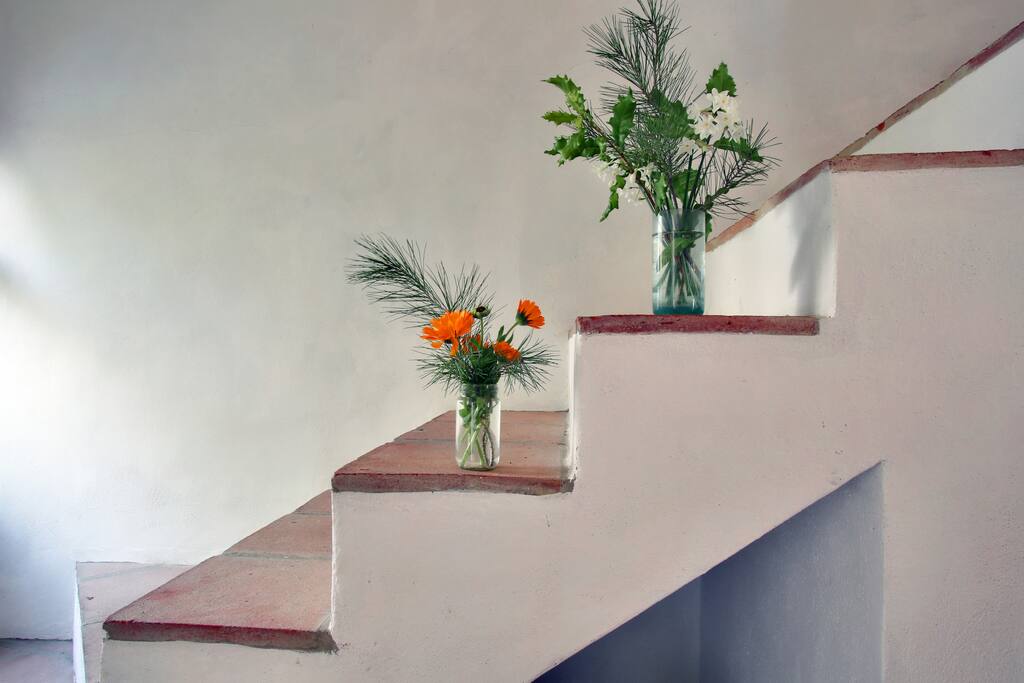 Traditional, Spanish-style open stairway to second floor