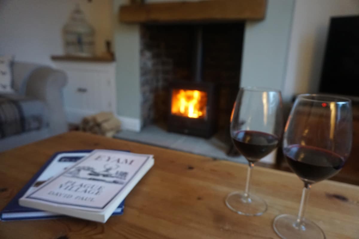 A warm living area is depicted with a wood-burning stove glowing softly. Two glasses of red wine rest on a wooden table alongside a stack of books, inviting relaxation in a cozy atmosphere.