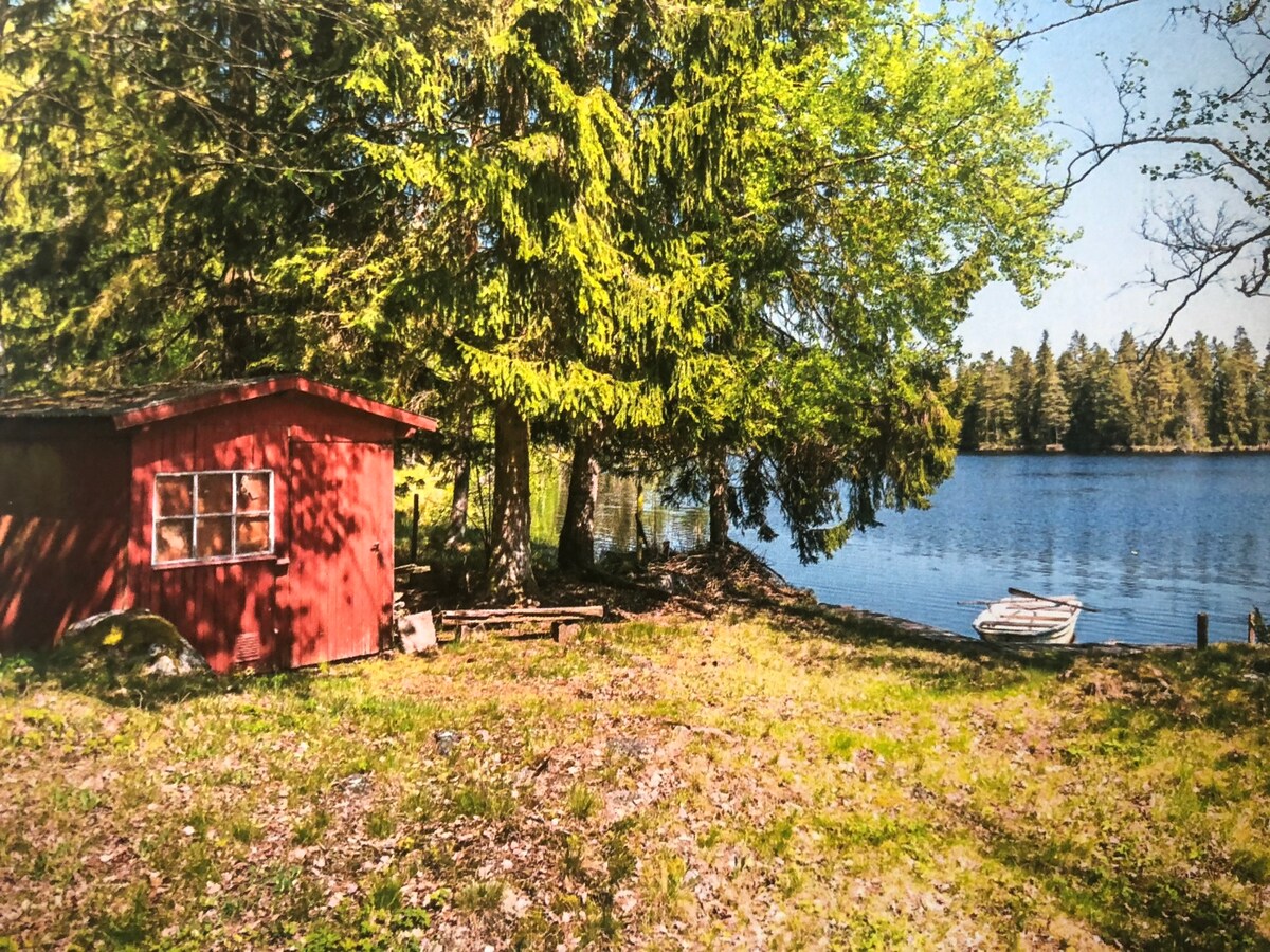 A red cabin is positioned near a serene body of water, surrounded by tall trees and greenery. A small rowboat is tied to the shoreline, offering easy access to the water. The peaceful landscape is enhanced by natural light and a clear blue sky.