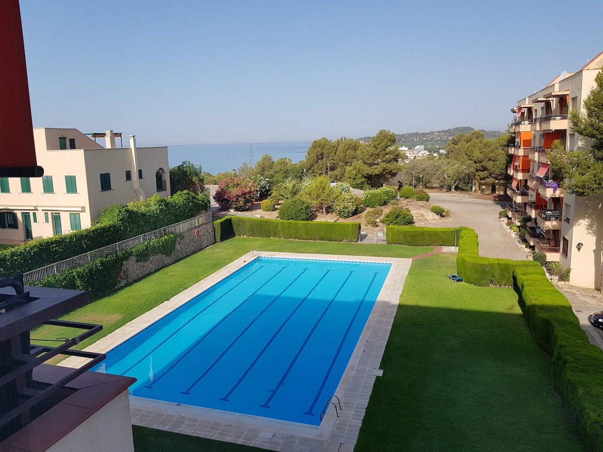 A large swimming pool is framed by neatly trimmed grass and hedges, with clear blue water reflecting the sky. The view extends toward the ocean in the background, while a residential building is visible on the right, complementing the tranquil outdoor space.