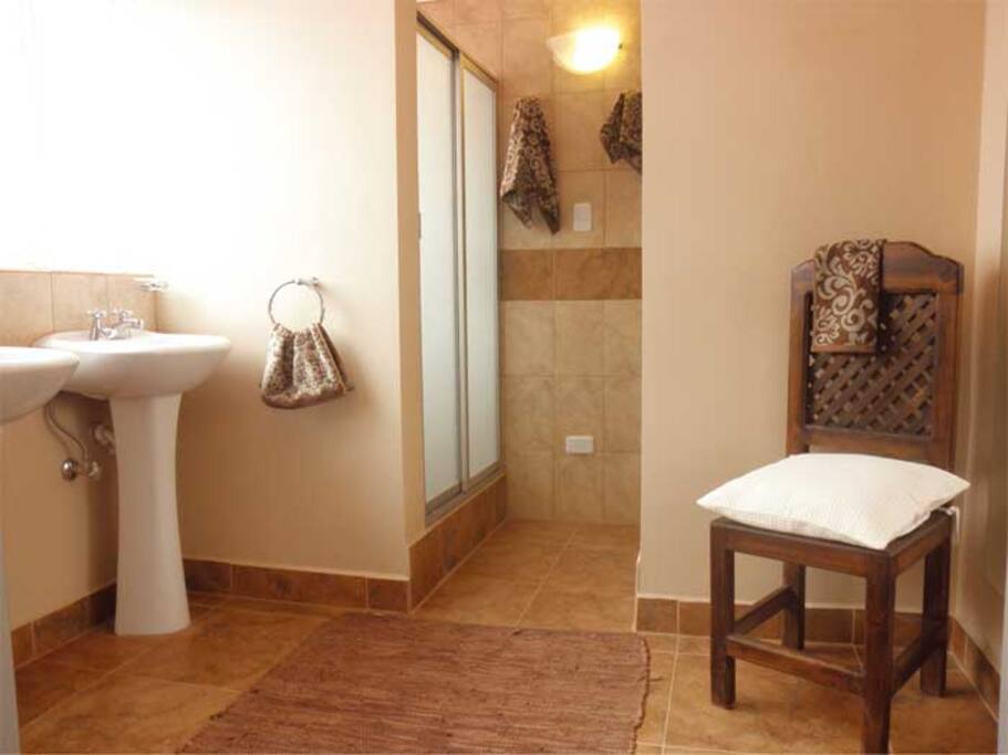 This is our communal bathroom. We have two showers, two toilets and two sinks. There is a full length mirror too.