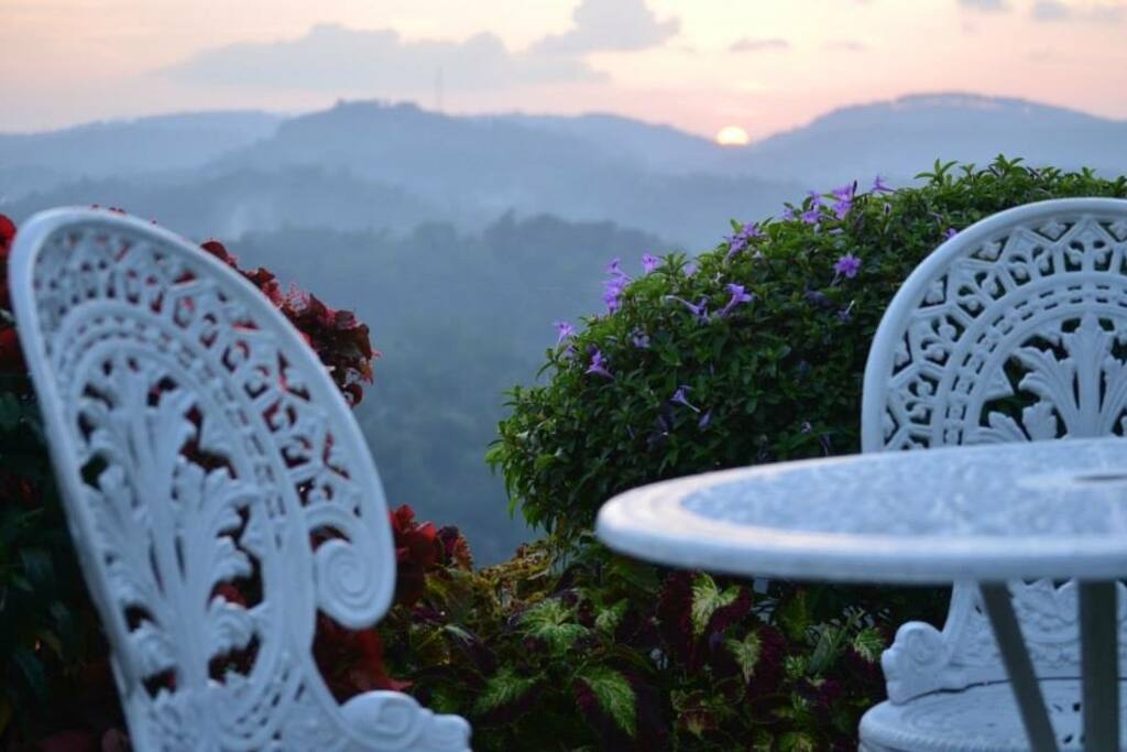 Out door dinning , misty mountain view
