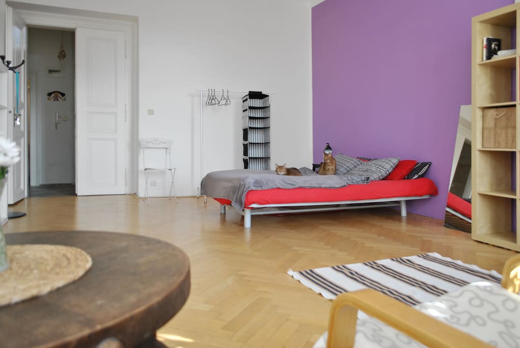 Sleeping corner with place where you can put your clothes.