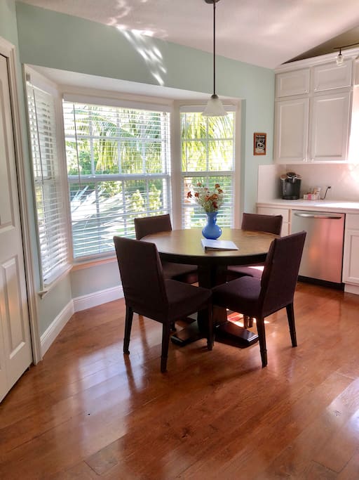 Kitchen with 4 seat table (have 2 additional chairs), pots and pans, oven, stove top, microwave, Keurig coffee maker, dishwasher and refrigerator.