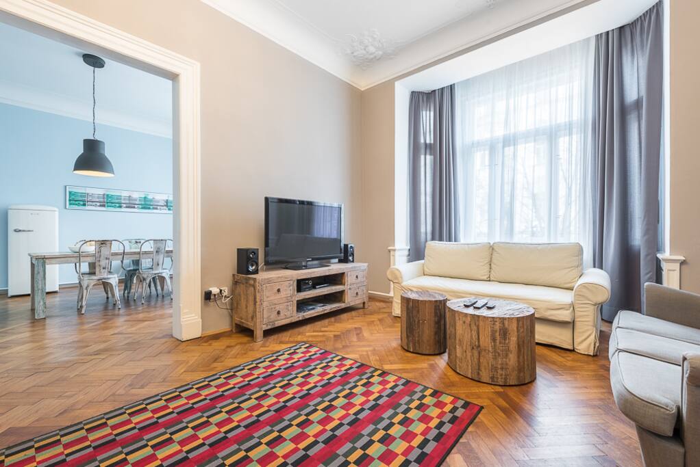 Living room with foldable sofa.