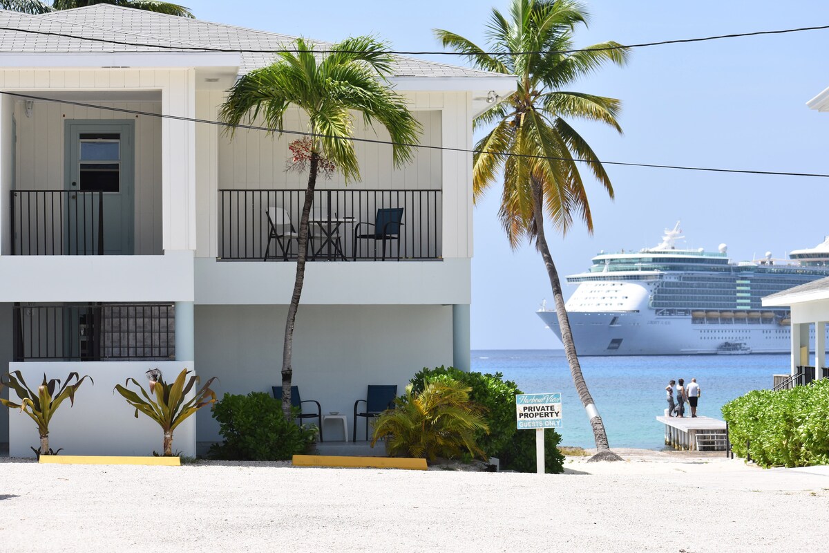 The exterior of the property is visible, showcasing a two-story building with a balcony and chairs overlooking the ocean. Palm trees frame the view. A cruise ship can be seen in the background, and a few people are gathered along the shoreline.