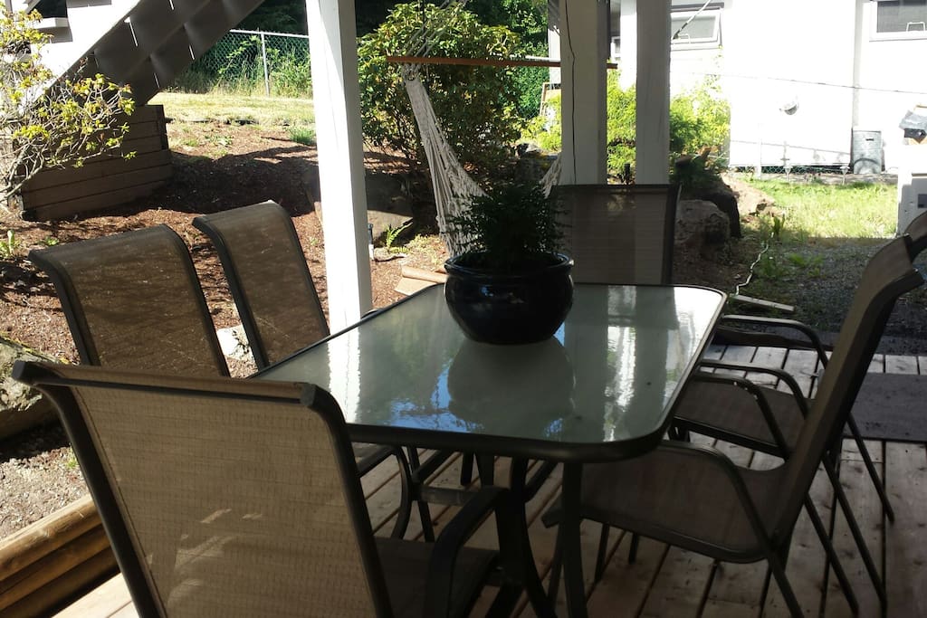 A covered patio perfect to enjoy morning coffee, breakfast, lunch. Enjoy the end of the evening with ambient patio lighting.