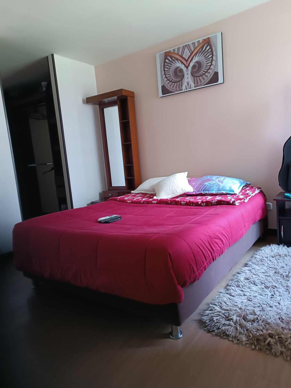 Chumba kilicho na kitanda kizuri sana cha watu wawili, godoro la mifupa ambalo litaruhusu mapumziko mazuri, sehemu zilizoangazwa na za kupendeza, kabati la nguo mbili na bafu lenye maji ya moto.