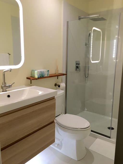Your own modern bathroom. Quality bathing gels and shampoos provided. No toothbrush though.