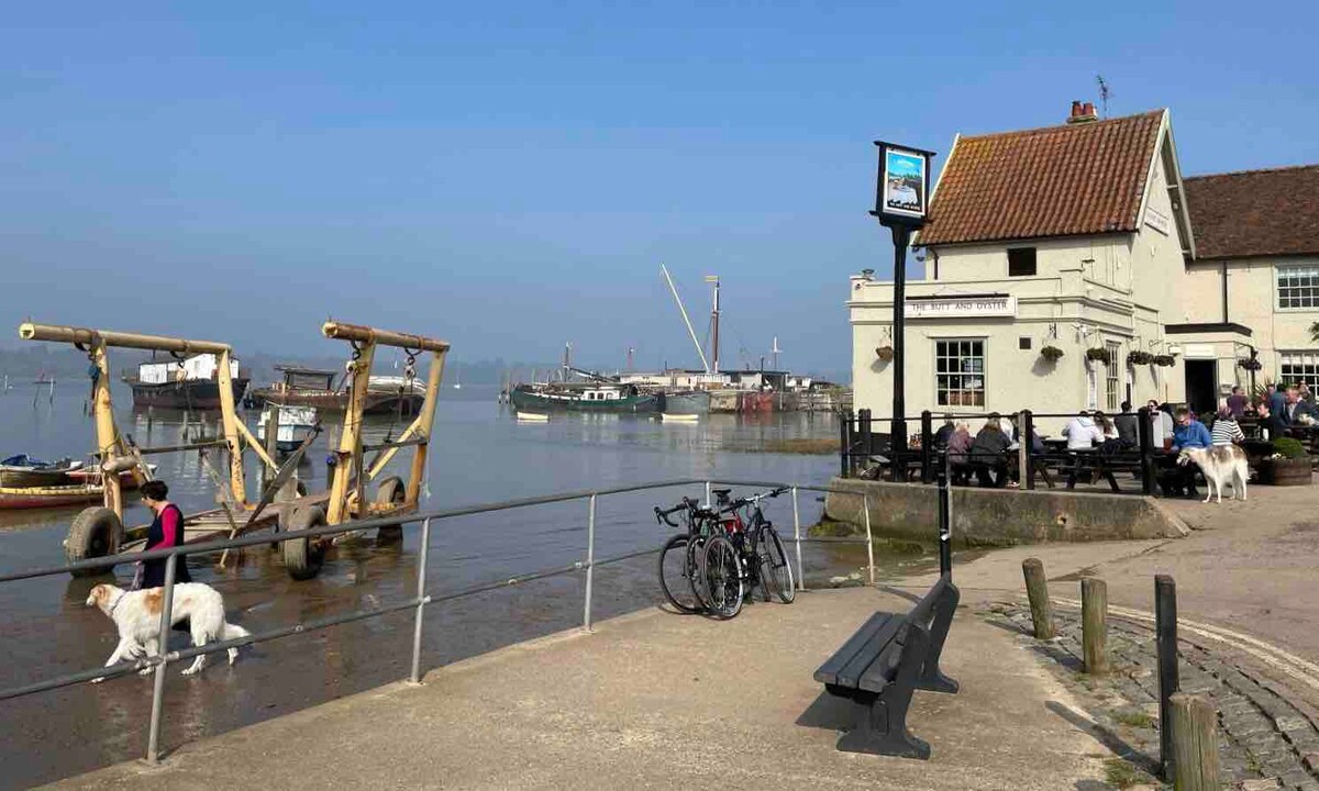 A view of a charming riverside pub with a white facade and a sloped roof. Patrons are seated outside, enjoying the scenery. The background features moored boats and a waterfront that extends along the river, while bicycles are parked nearby.