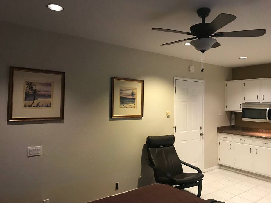 Air con, ceiling fan, Direct TV, queen bed, bathroom kitchenette, patio, all in your own private apartment with private entrance.