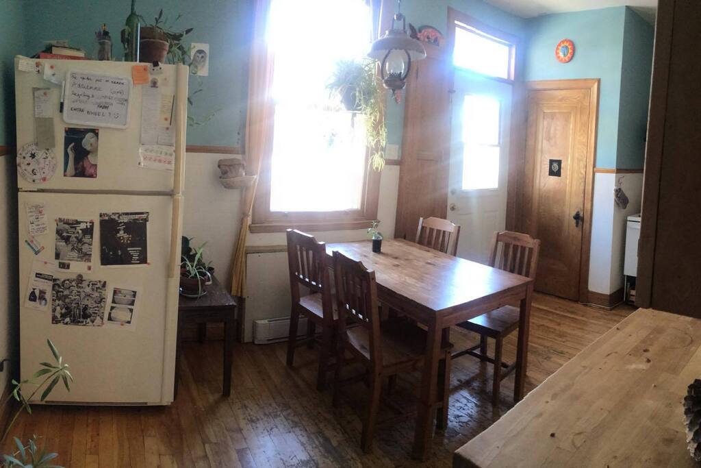 the kitchen with wood counters